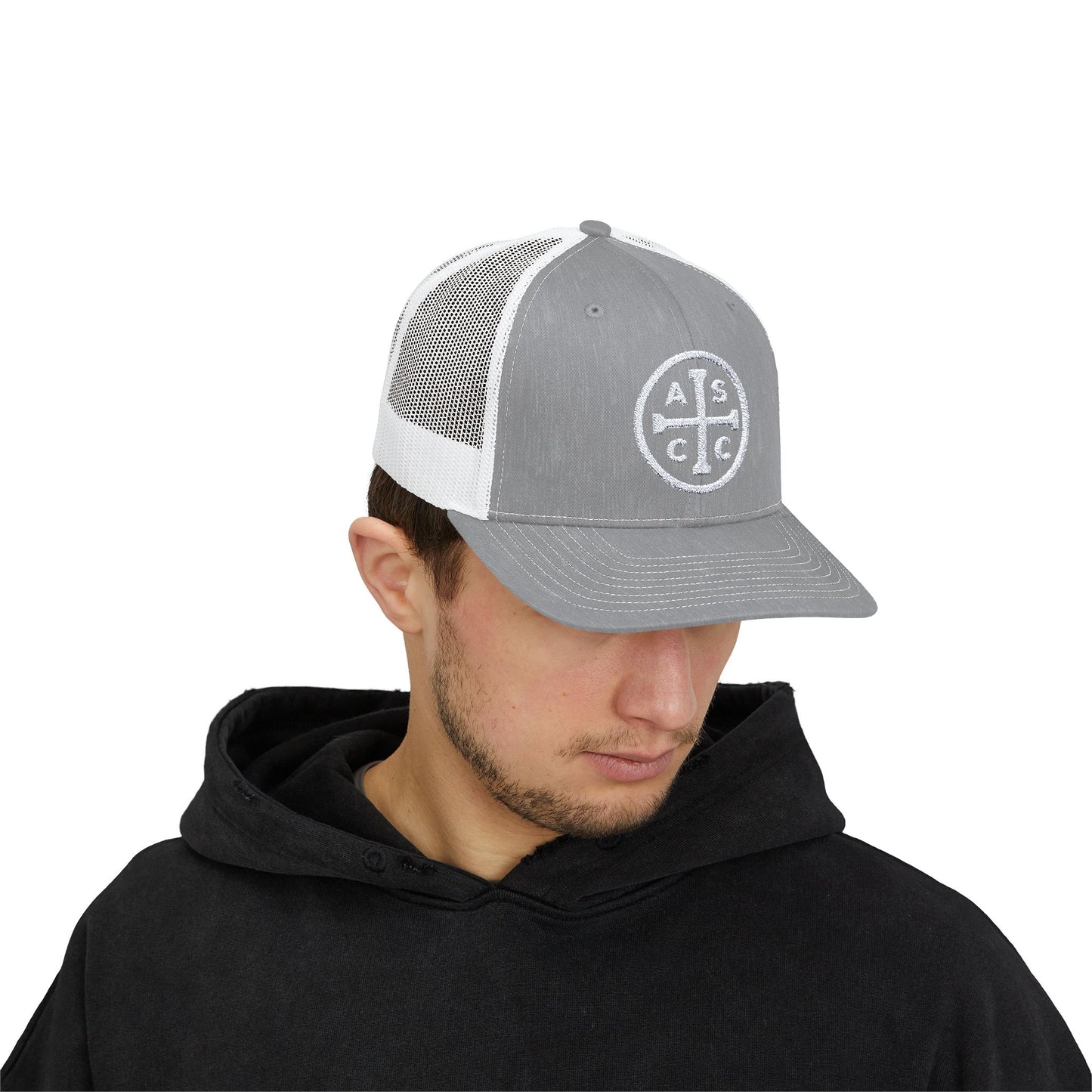 White Embroidered Logo Snapback Trucker Cap